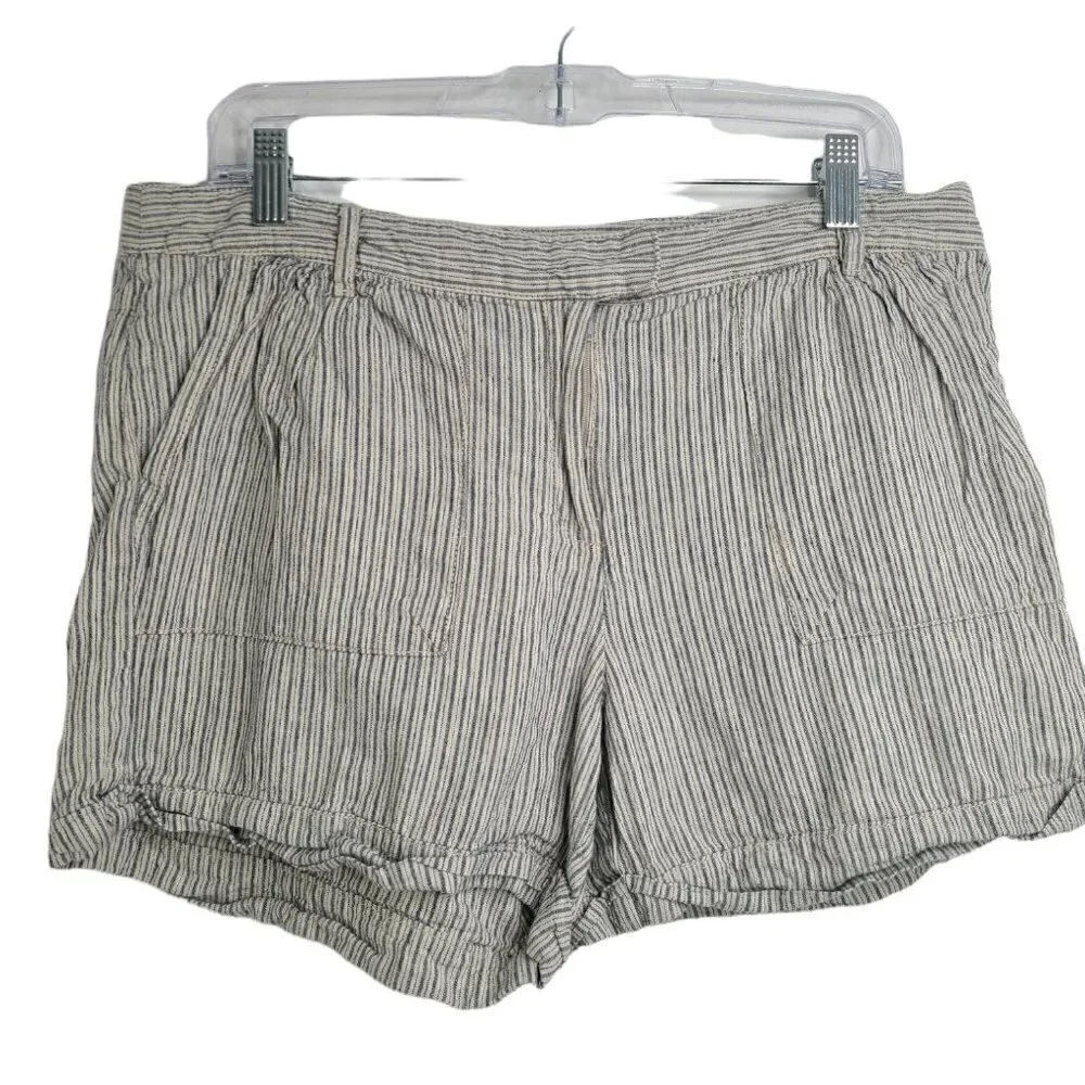 MNG Blue Grey Striped Linen Blend Cuffed Lagenlook Shorts 10
